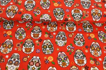 Baumwolle Druck Mexikanische Totenköpfe auf Rot